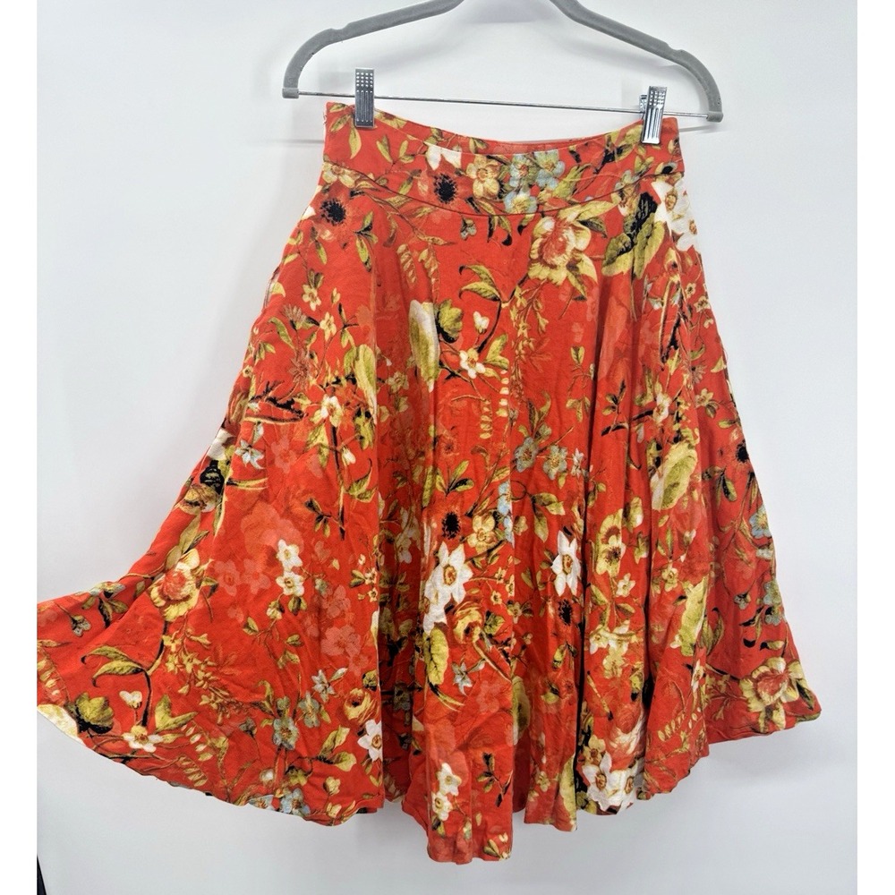 VTG Premise Orange Floral Linen Skirt 4 Pockets Twirl Boho Autumn Fall Colorful - Picture 5 of 12